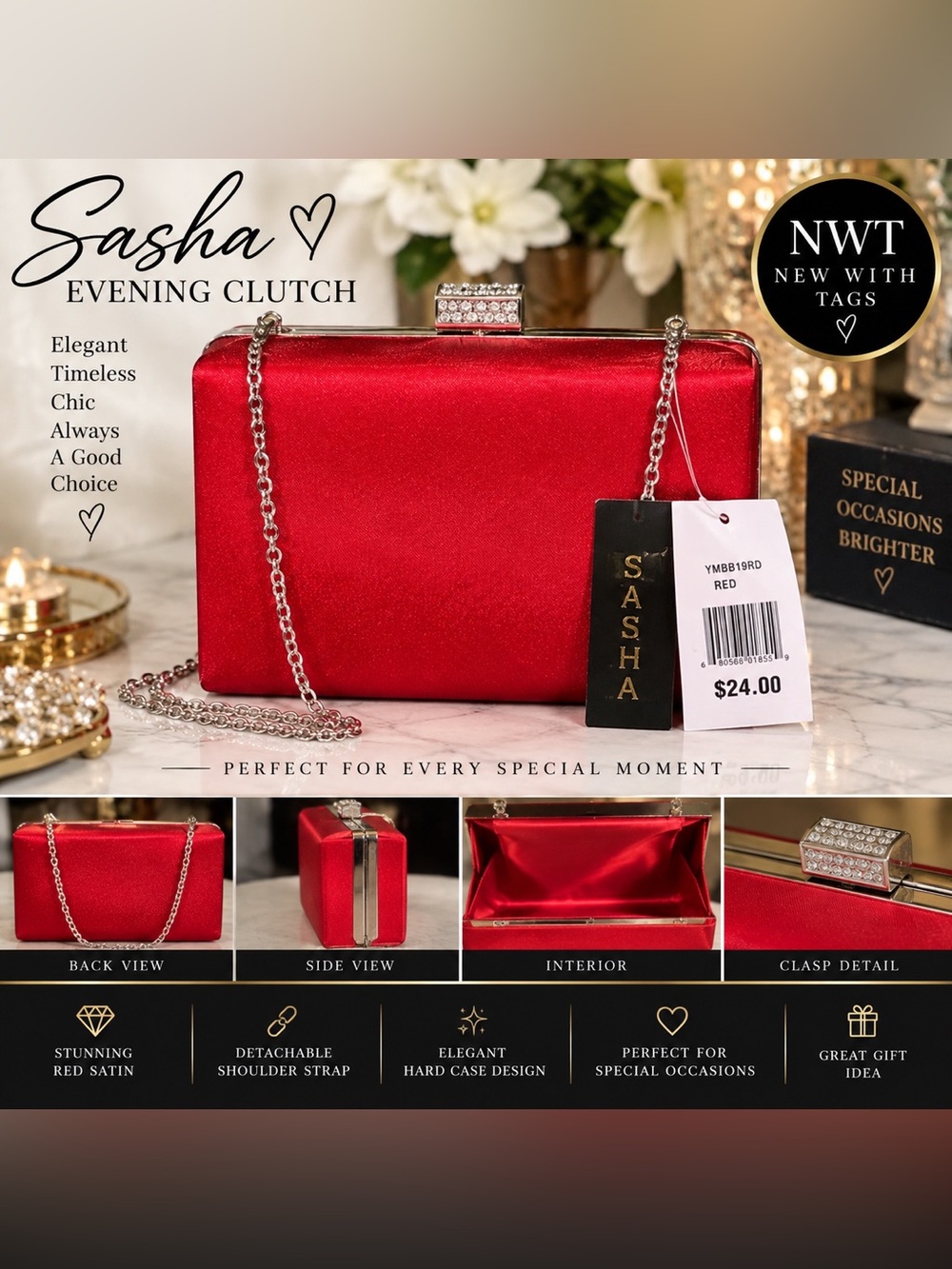 ♥️ NWT Sasha Red Evening Clutch with Shoulder Strap